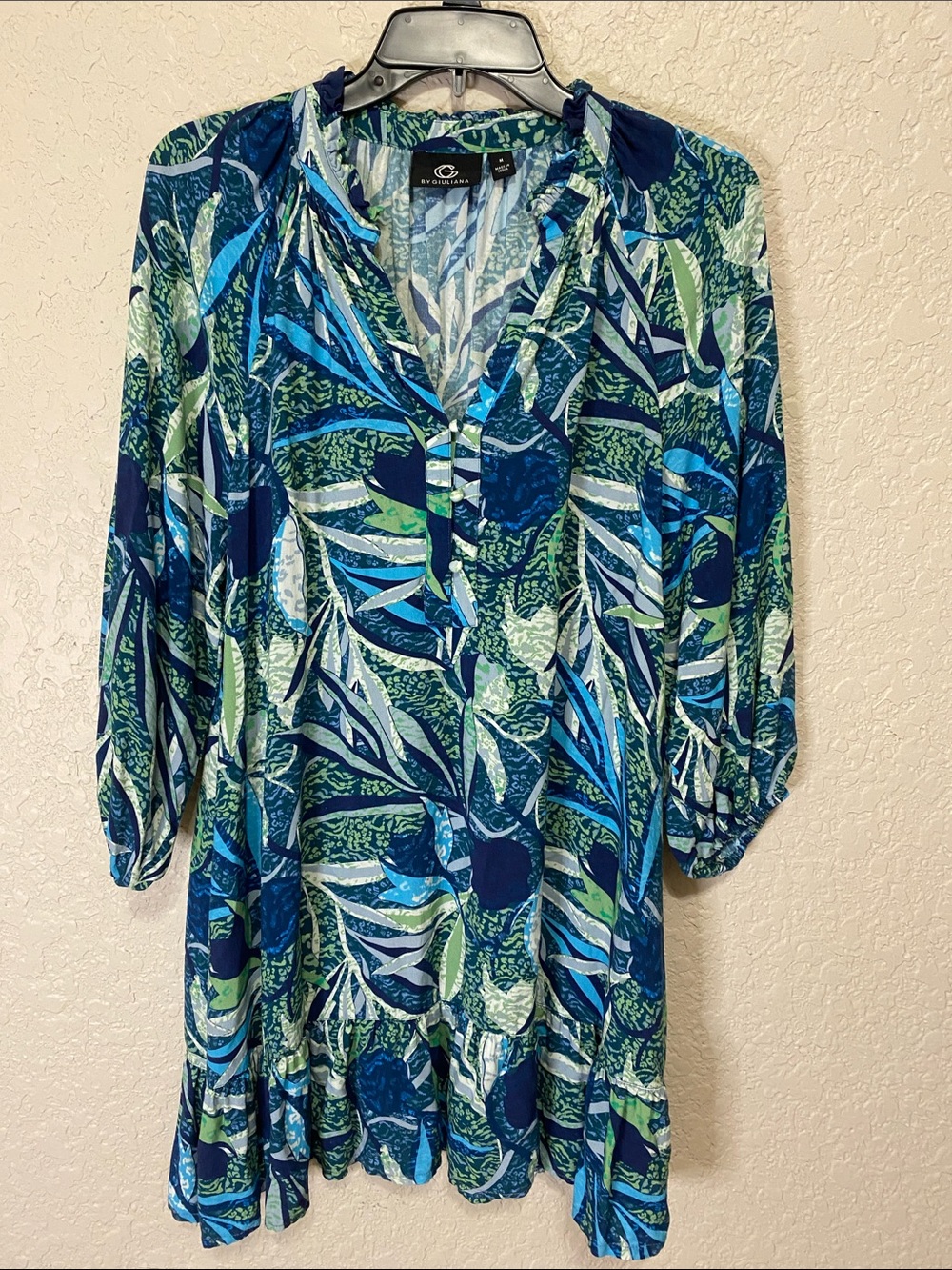 G by Giuliana Blue and Green Leaf Print Tunic  Dress Medium